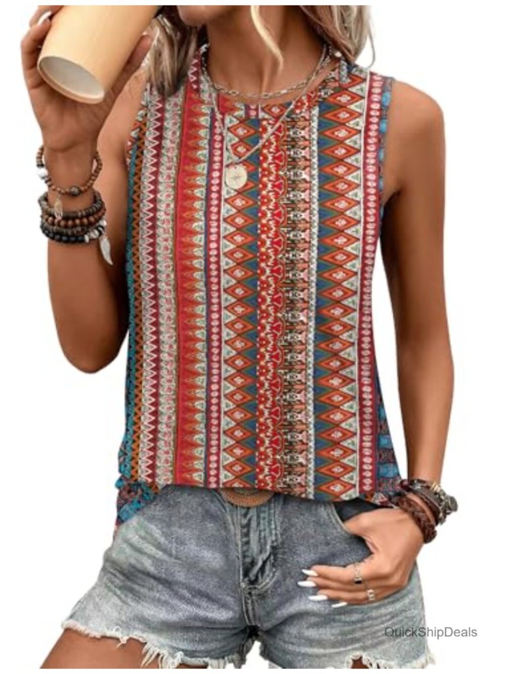 Eyelet Tank Top Loose Casual Sleeveless Crew Neck Summer Basic Women's